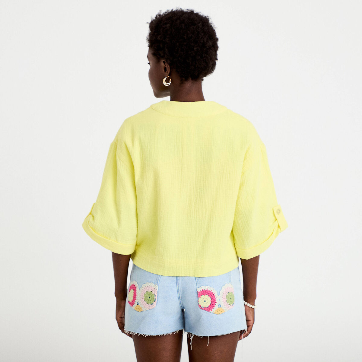 Veste ample plissée manches 3/4 jaune citron femme