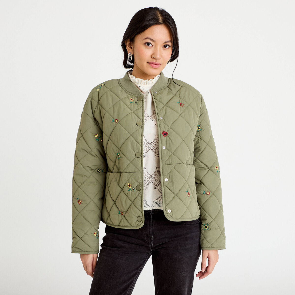 Veste matelassée brodée vert kaki femme