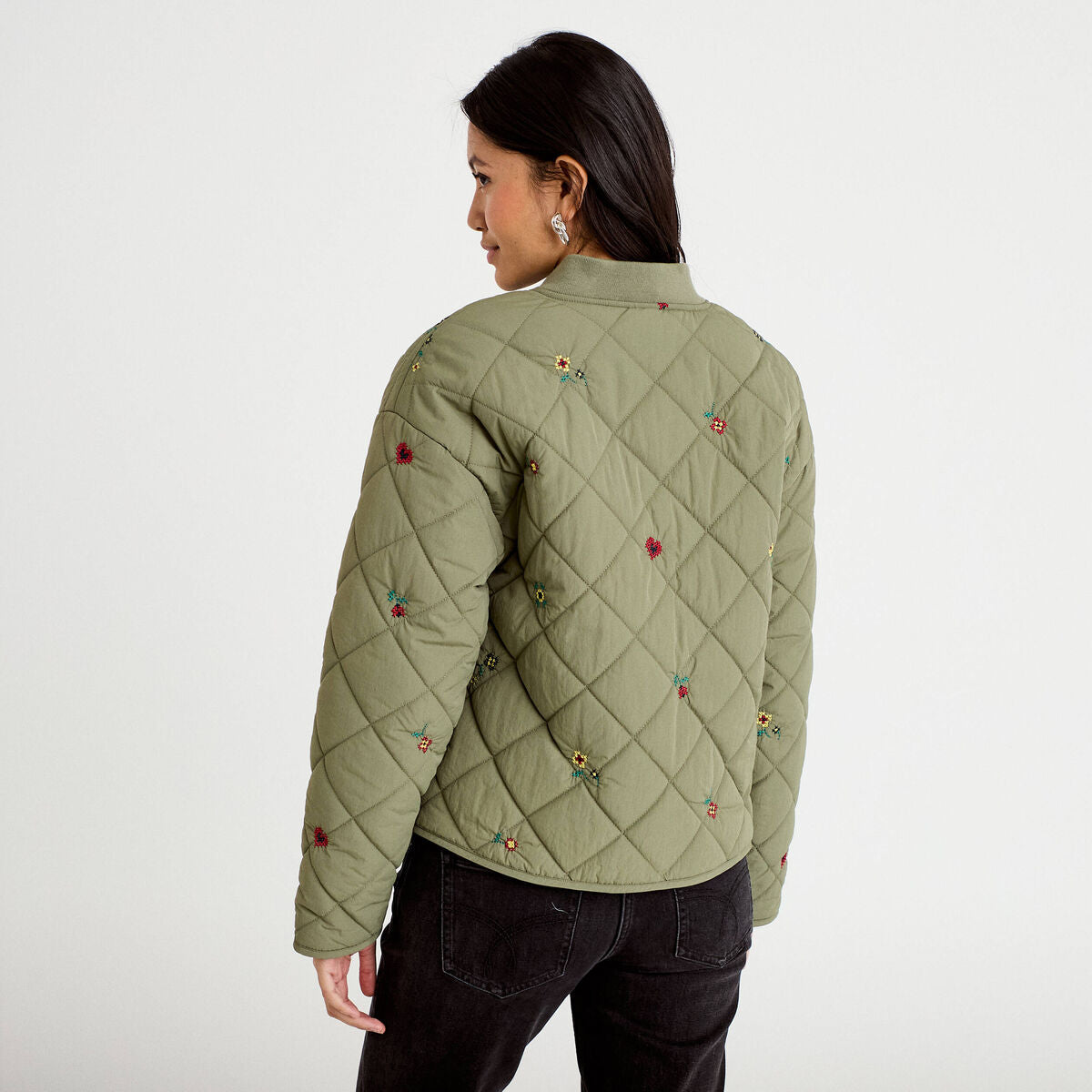 Veste matelassée brodée vert kaki femme