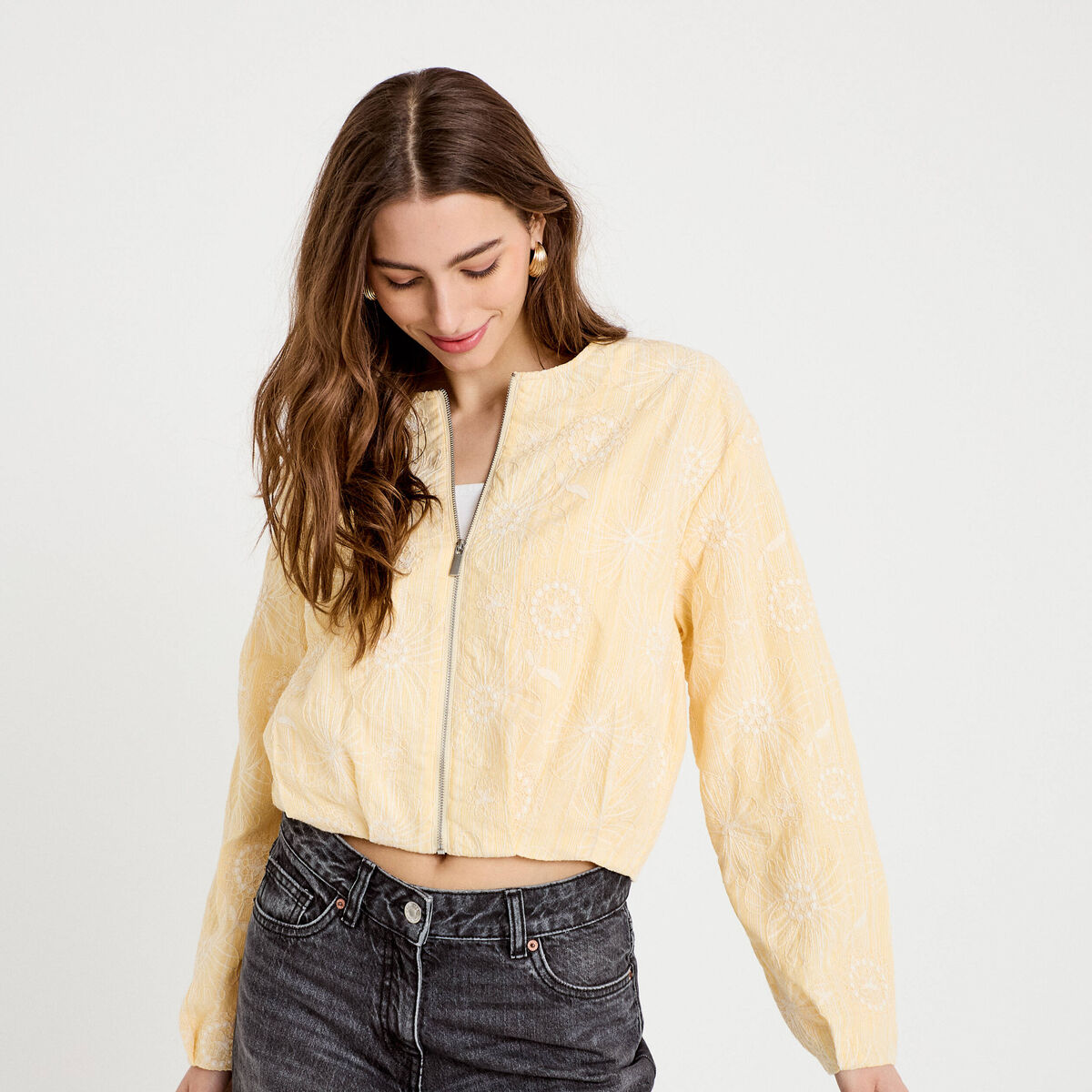 Veste cropped bas resserré jaune clair femme