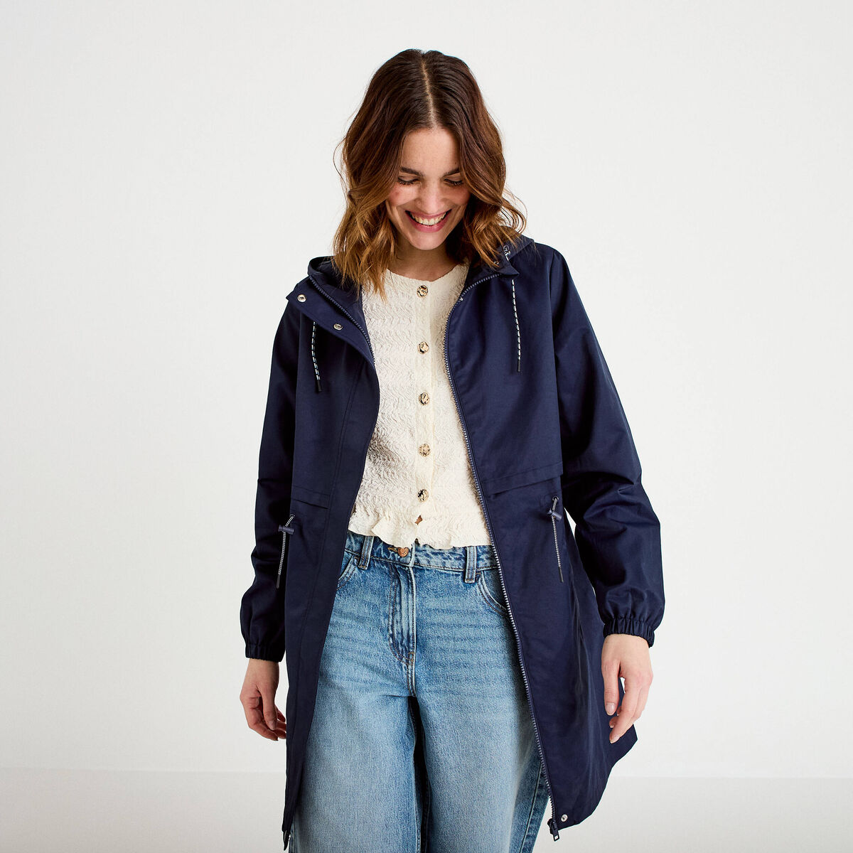 Parka à capuche taille ajustable bleu marine femme