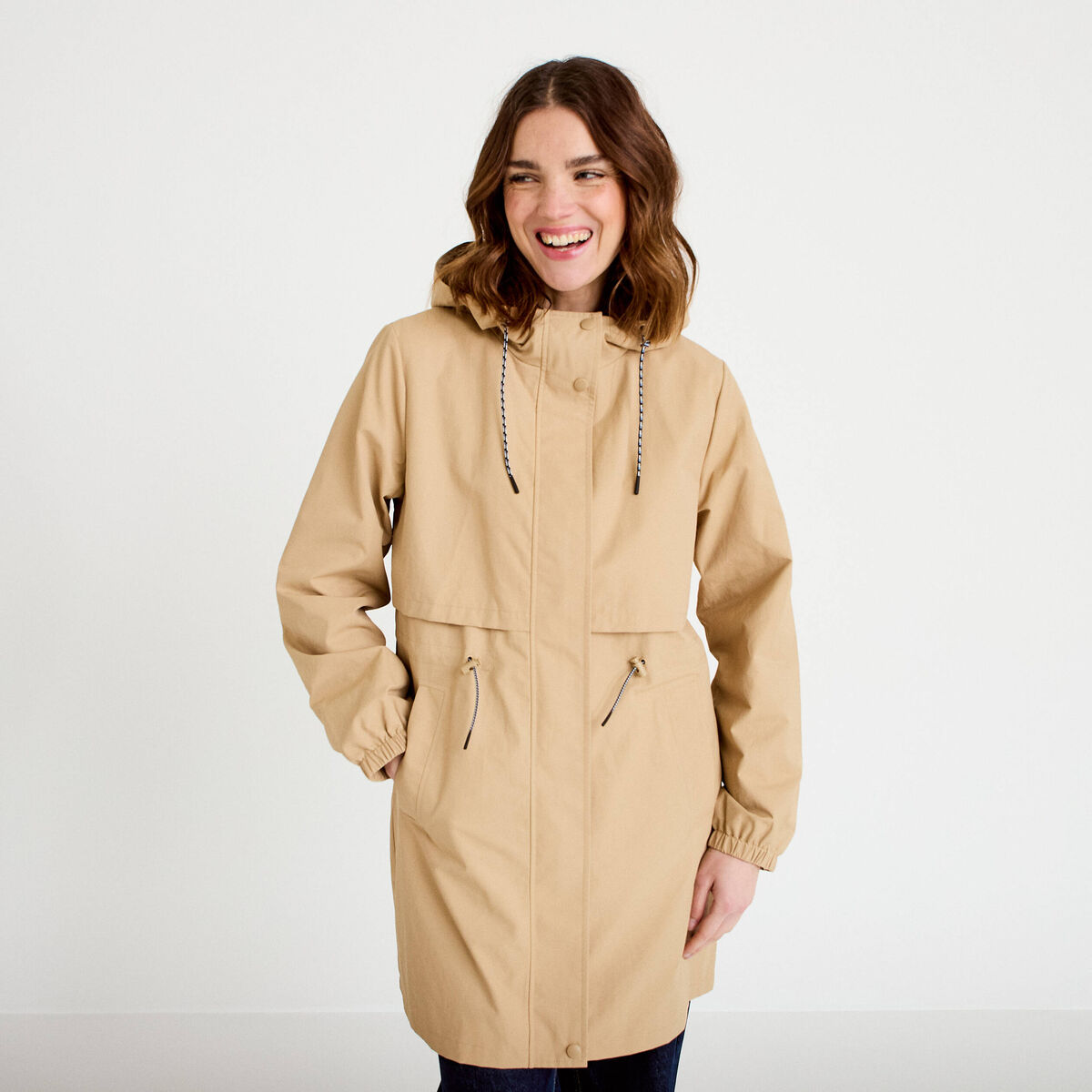 Parka à capuche taille ajustable beige femme