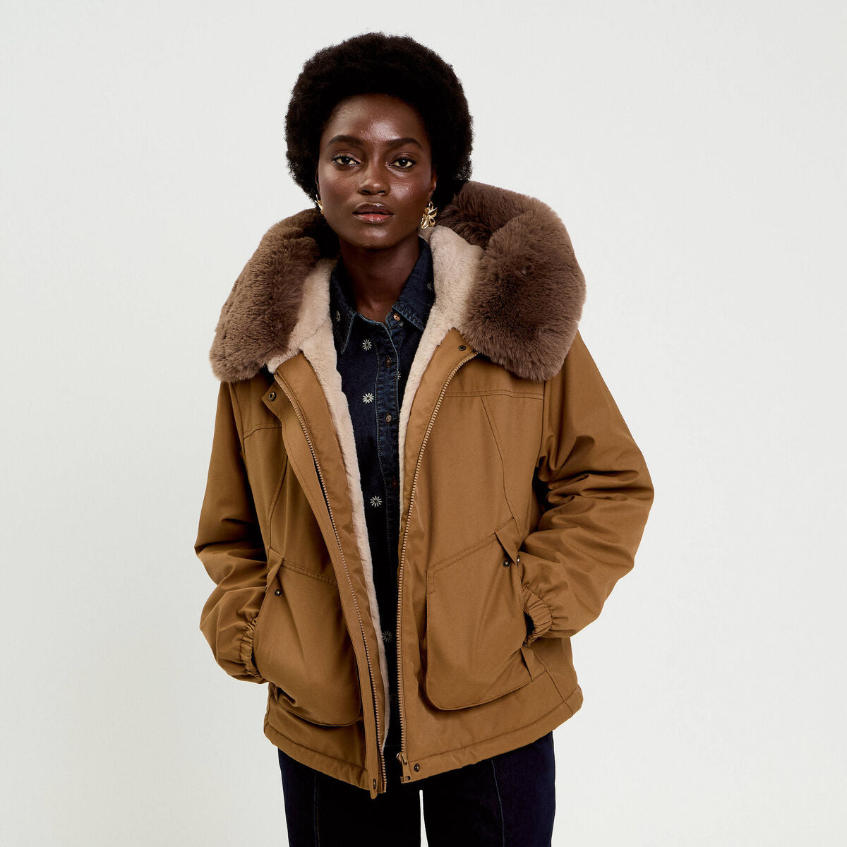 Parka col fausse fourrure amovible marron foncé femme