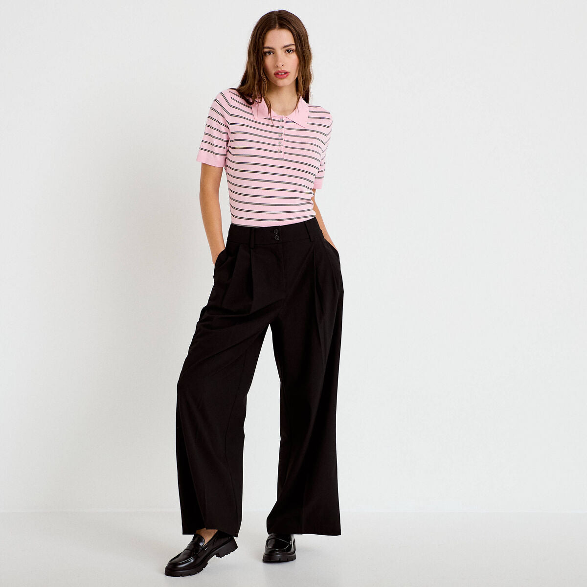 Pantalon large à pinces noir femme