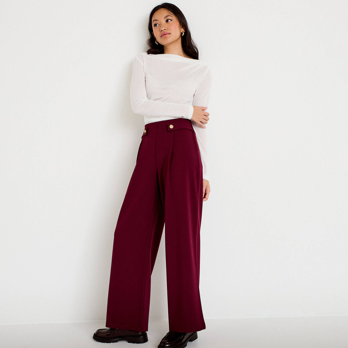 Pantalon large taille standard bordeaux femme