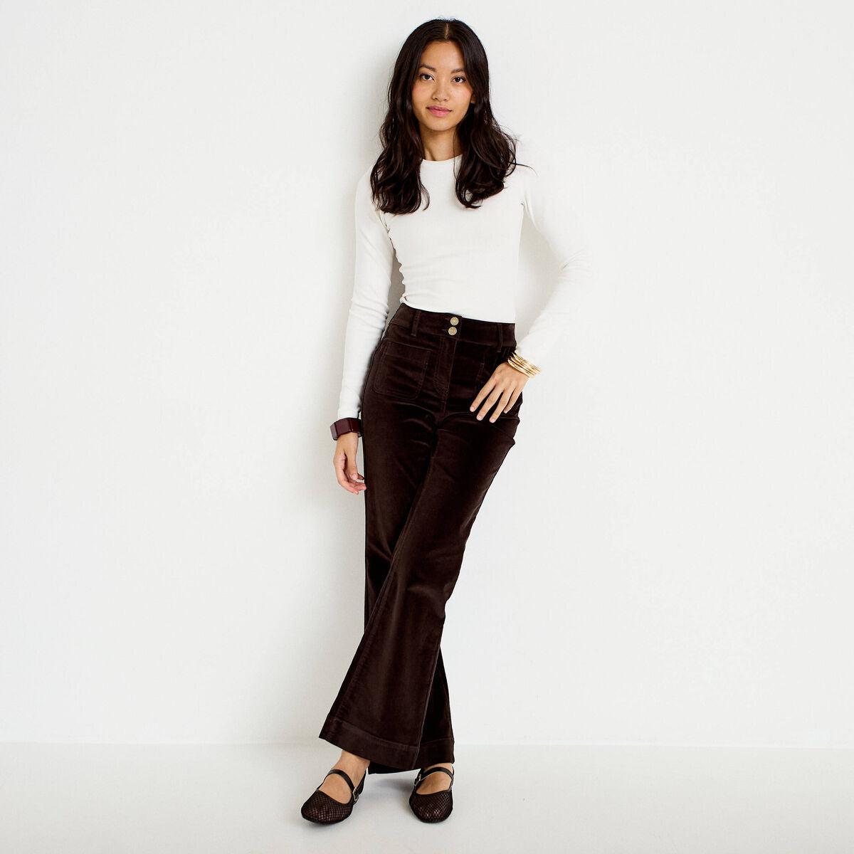 Pantalon bootcut taille haute velours marron foncé femme