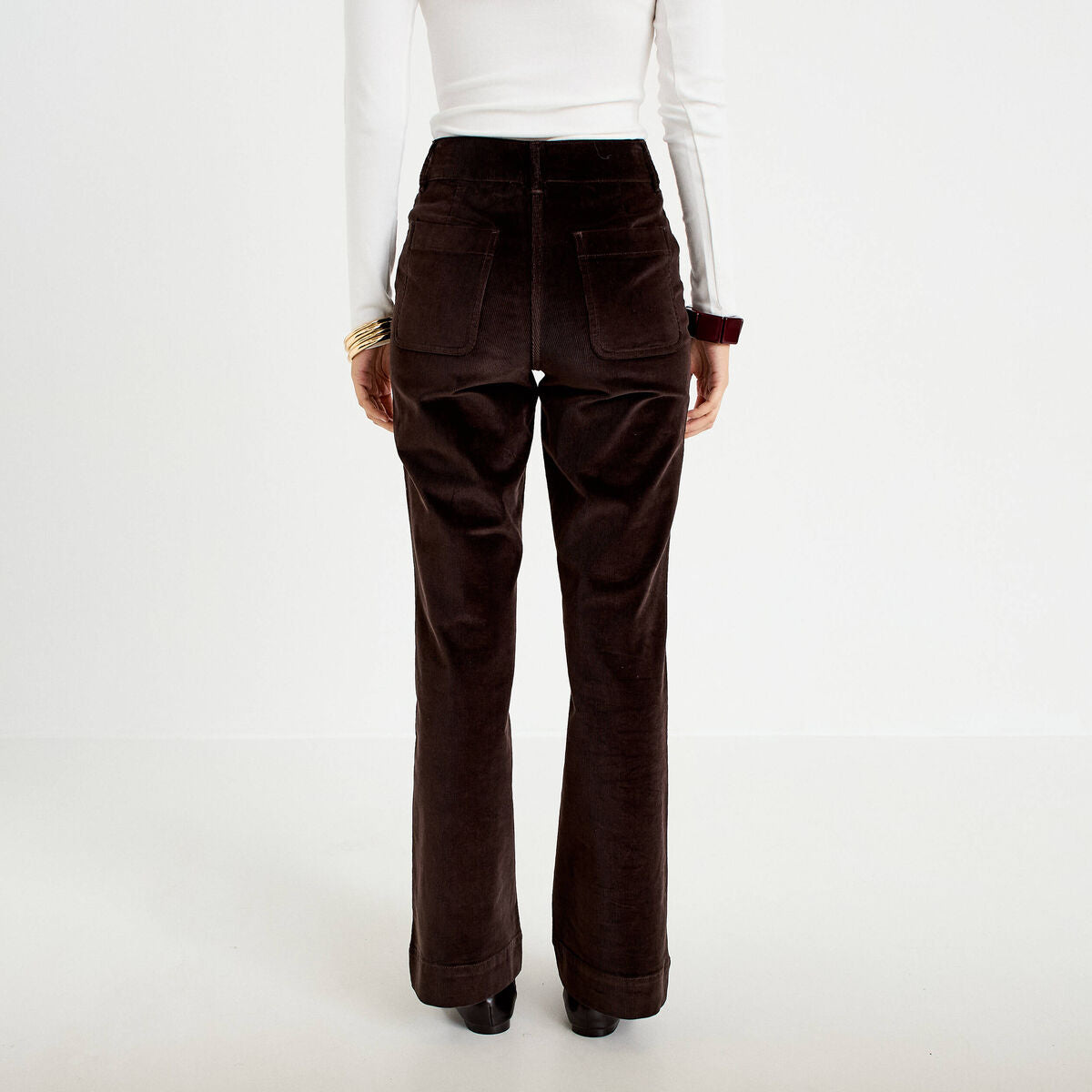 Pantalon bootcut taille haute velours marron foncé femme