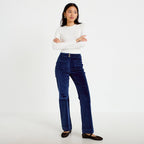 Pantalon bootcut taille haute velours bleu marine femme