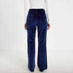 Pantalon bootcut taille haute velours bleu marine femme