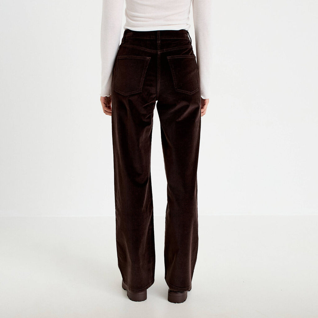 Pantalon bootcut taille haute velours marron foncé femme