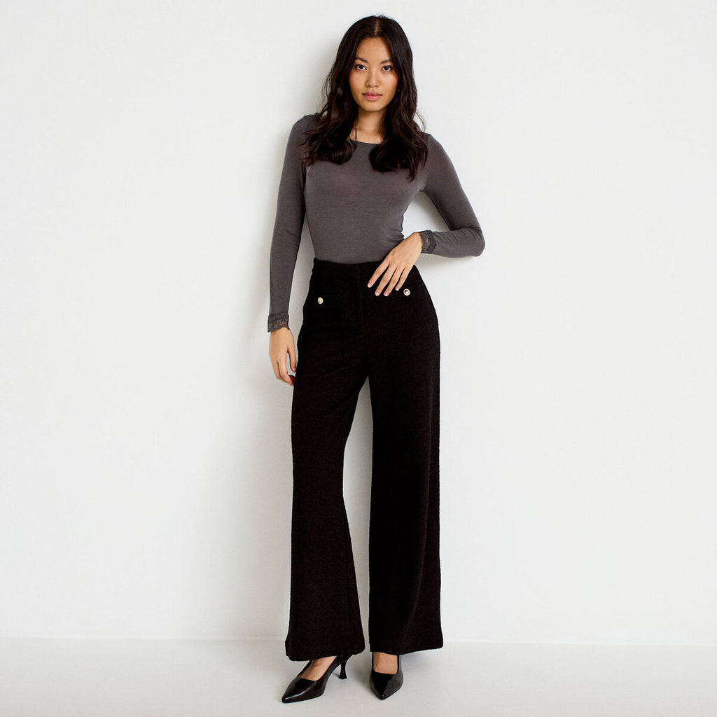 Pantalon bootcut en tweed noir femme