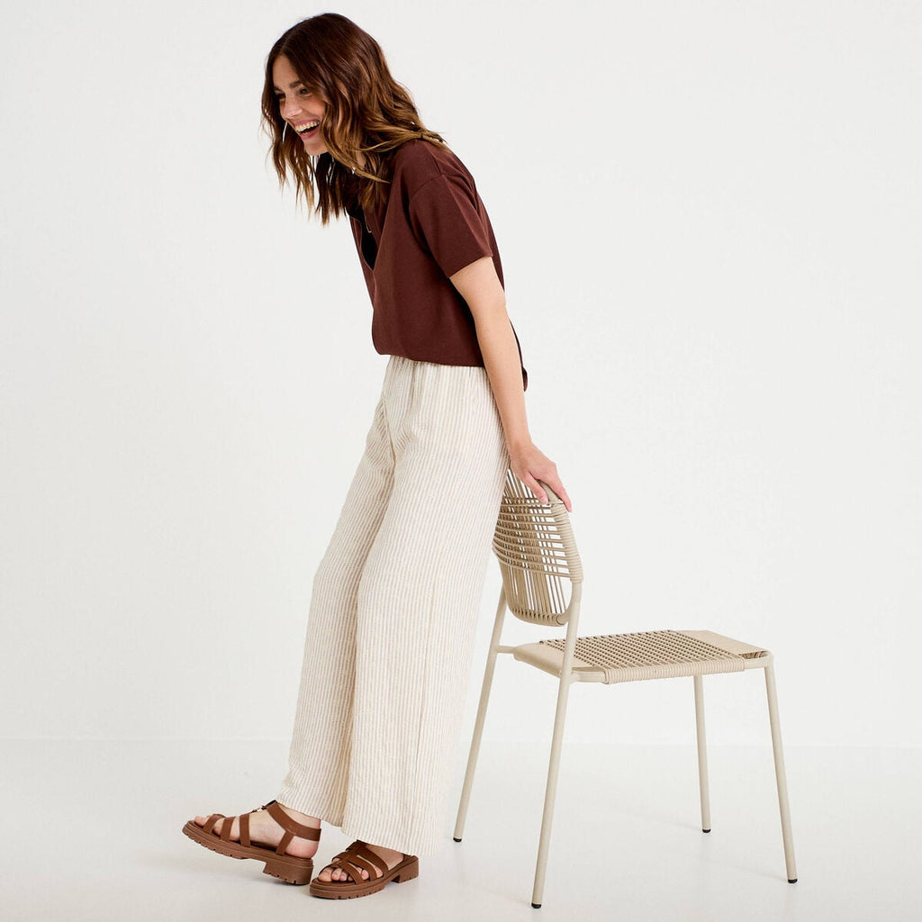 Pantalon large brodé beige femme