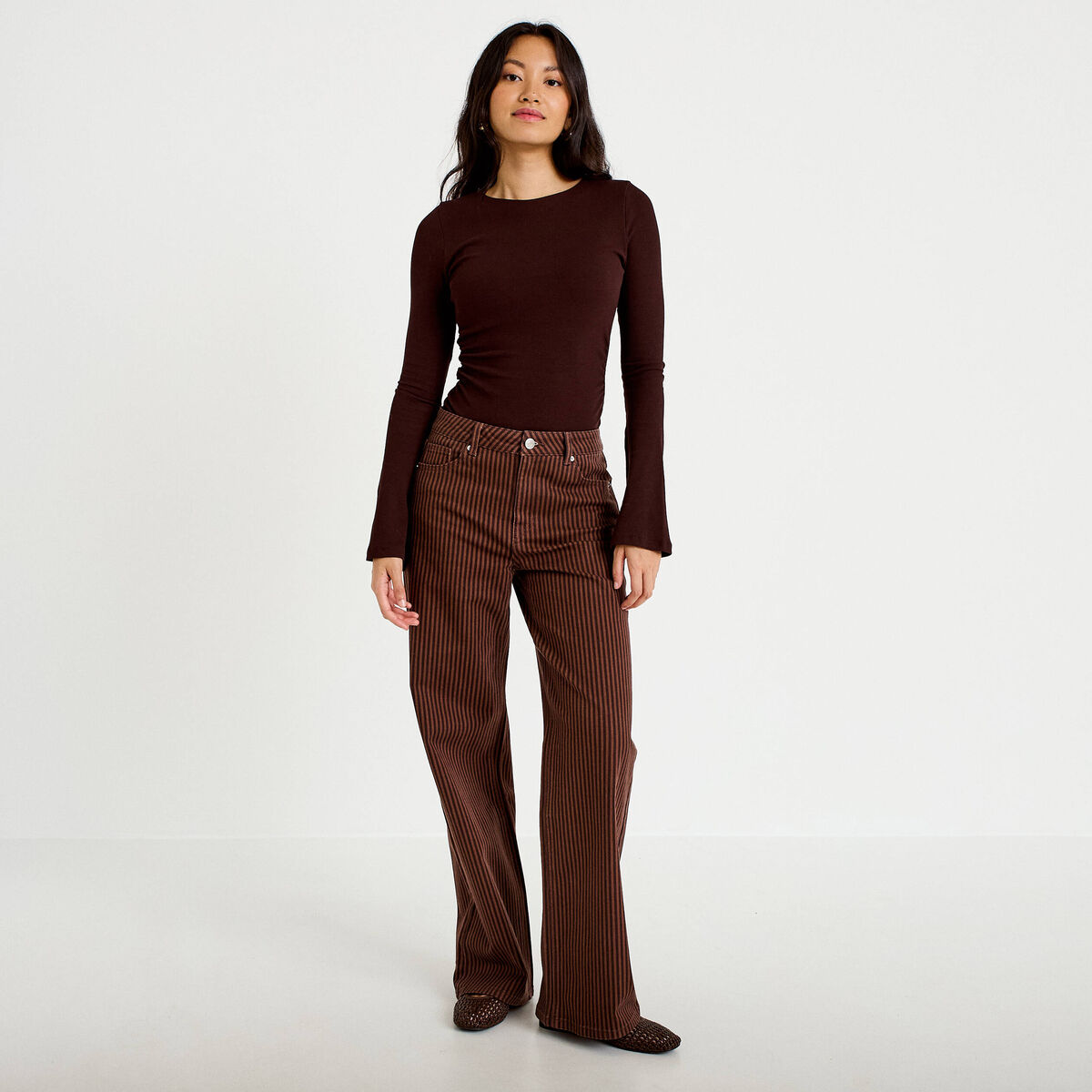 Jean wide leg rayé taille haute marron femme