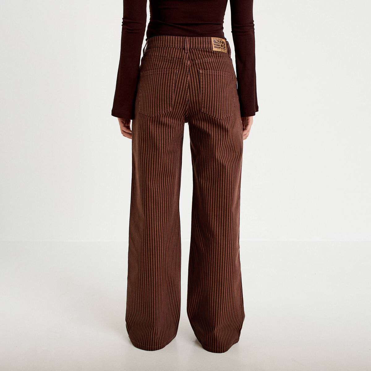 Jean wide leg rayé taille haute marron femme