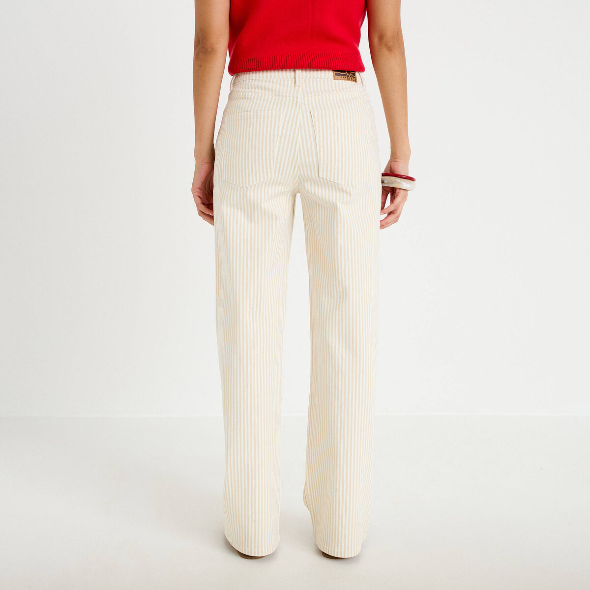 Jean wide leg rayé taille haute beige femme