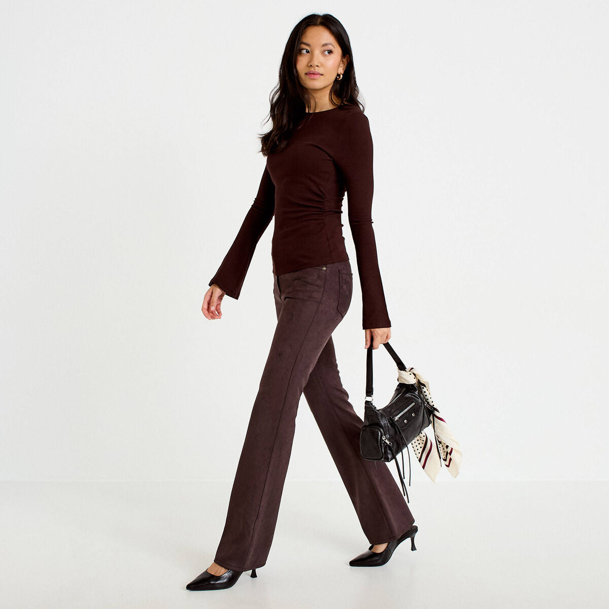 Pantalon bootcut aspect daim marron foncé femme