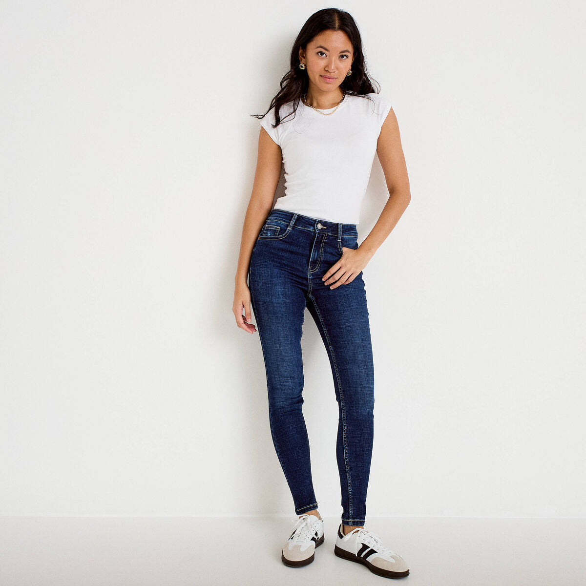 Jean skinny taille haute bleu foncé femme