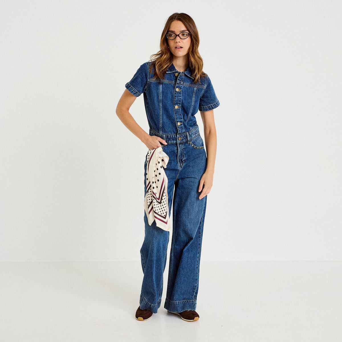 Combinaison jean flare col américain denim stone femme