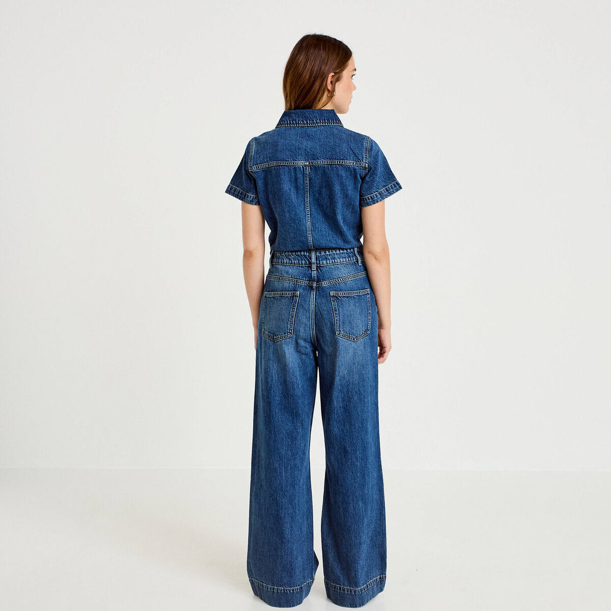 Combinaison jean flare col américain denim stone femme