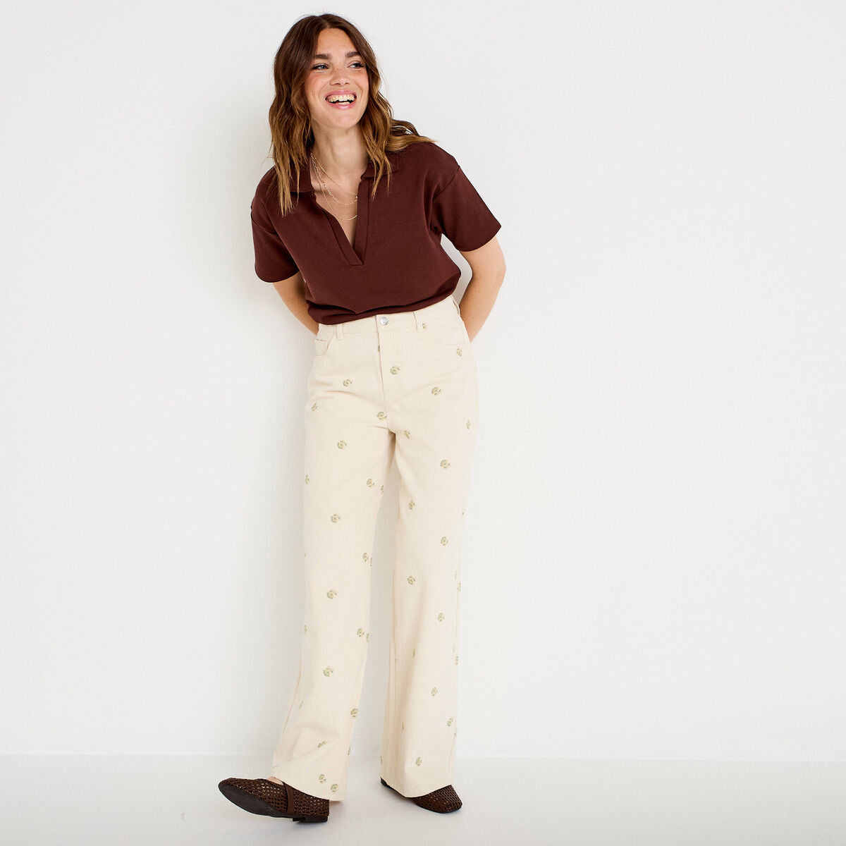 Jean wide leg taille haute brodé denim blanc femme