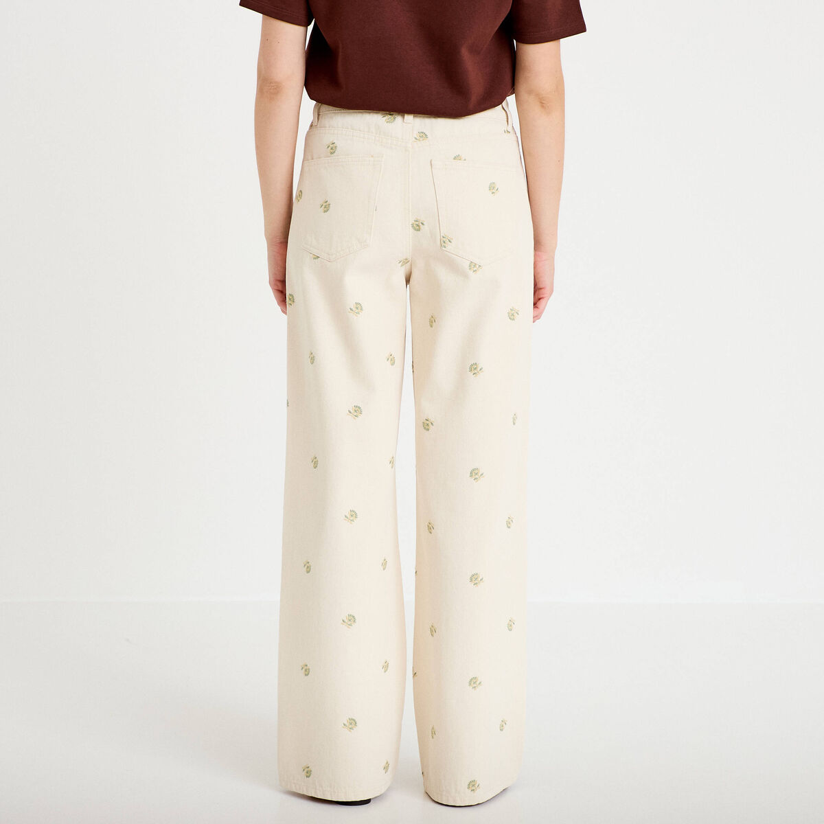 Jean wide leg taille haute brodé denim blanc femme