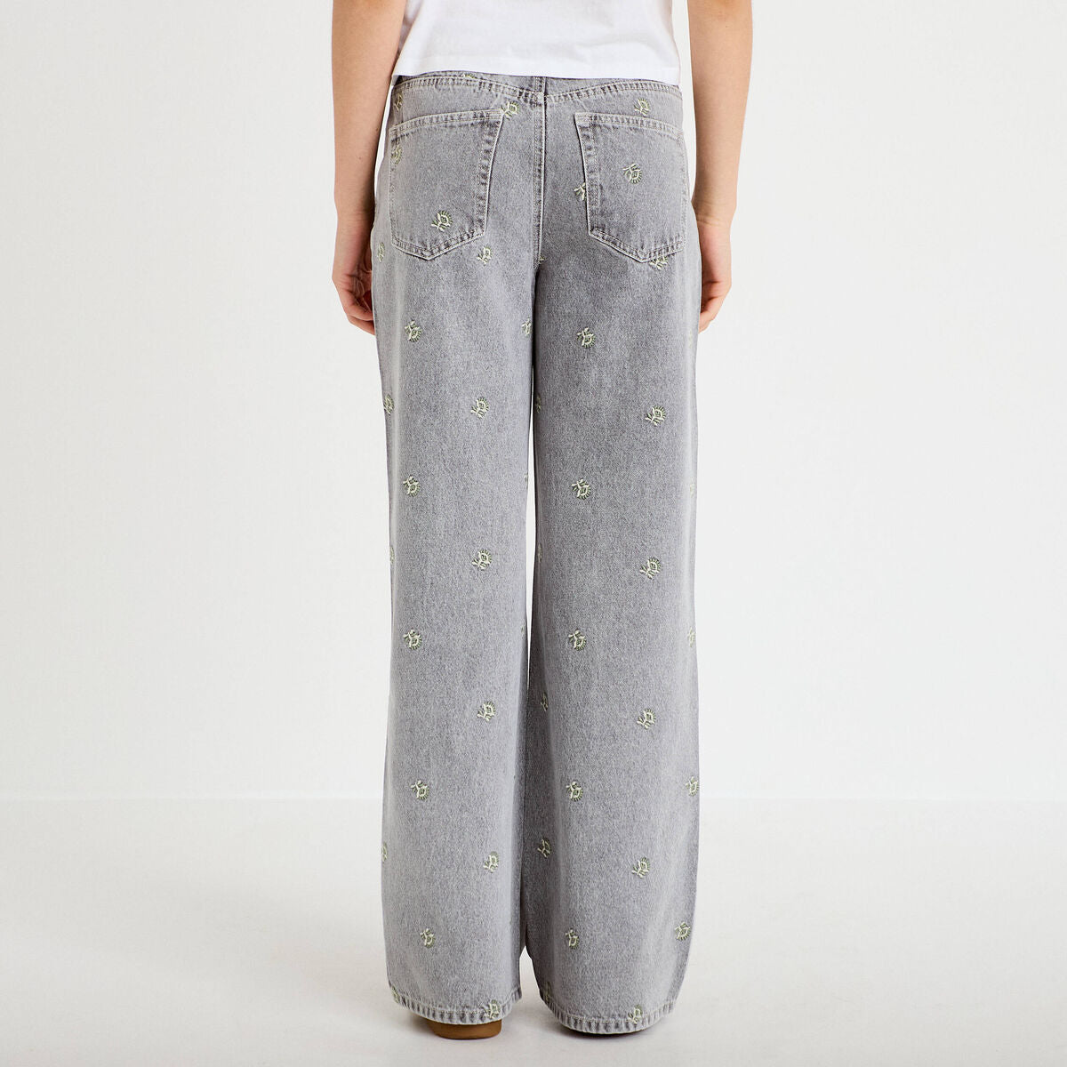 Jean wide leg taille haute brodé denim gris femme
