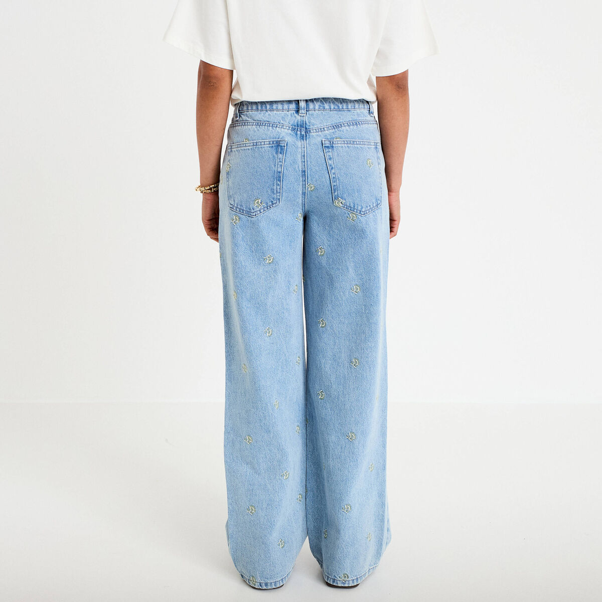 Jean wide leg taille haute brodé bleu femme