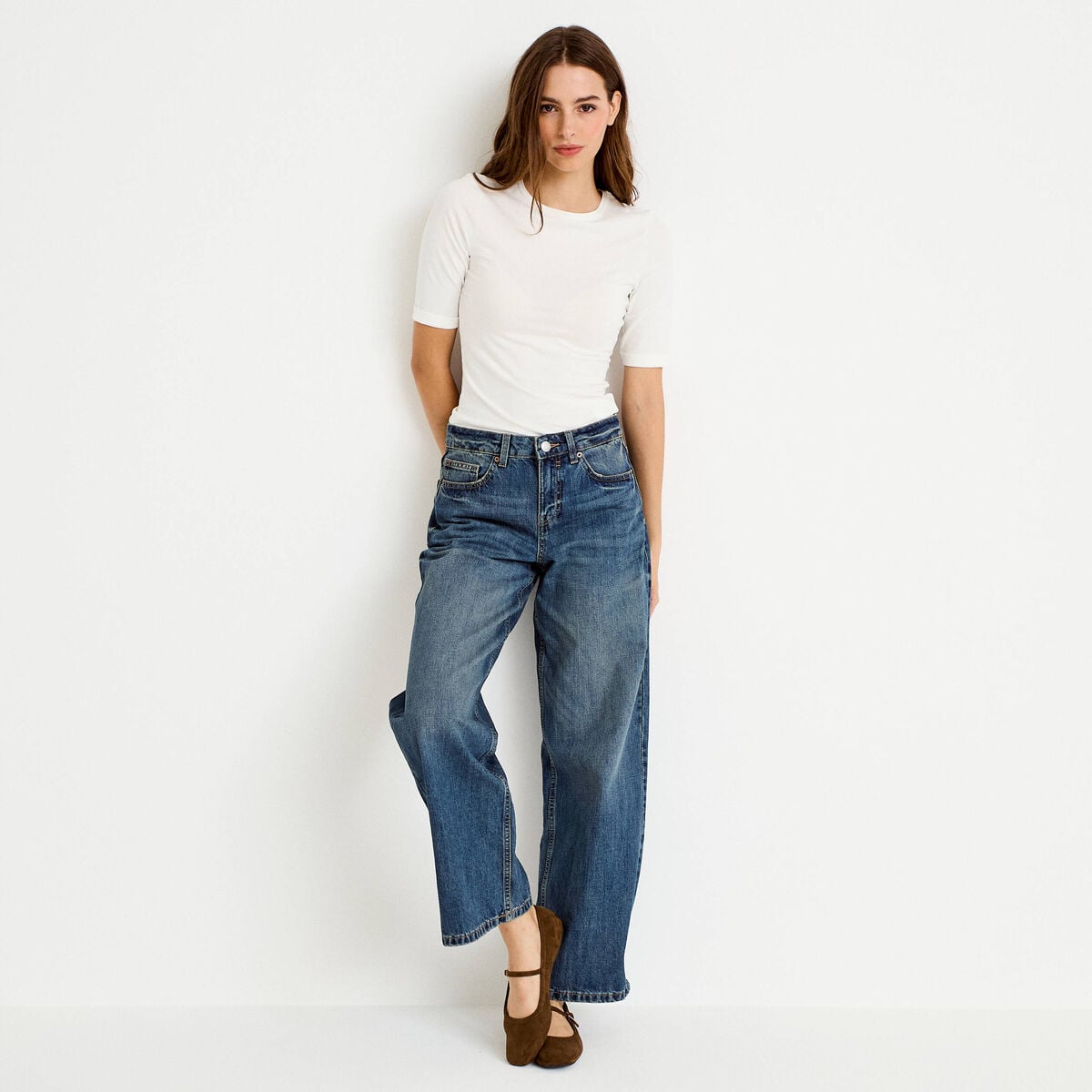Jean wide leg taille basse denim double stone femme