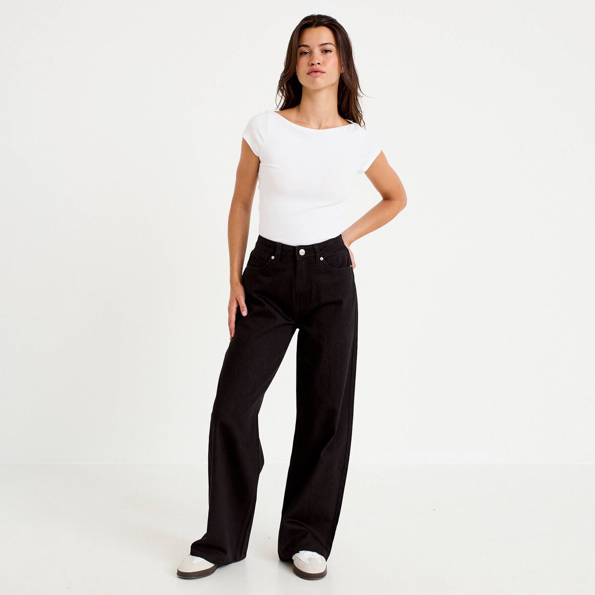 Jean wide leg taille haute Petite denim noir femme