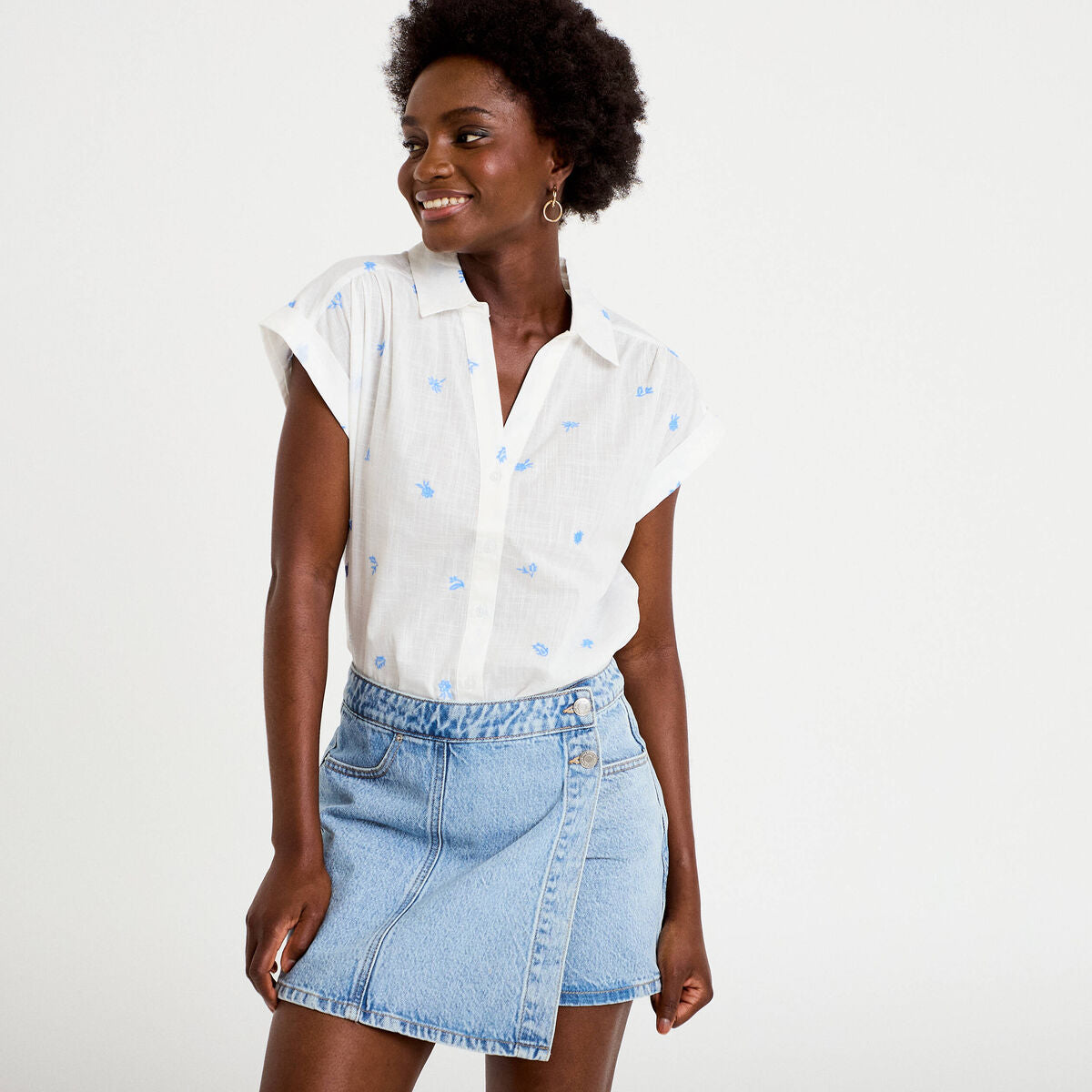 Jupe-short trapèze en jean denim triple stone femme