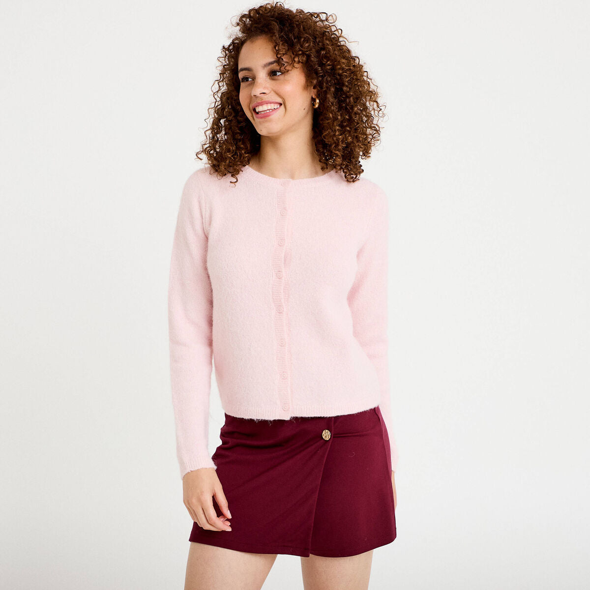Jupe-short trapèze en maille bordeaux femme