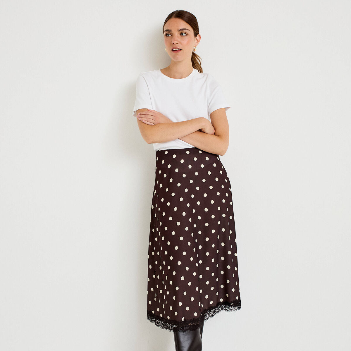 Jupe évasée 3/4 en dentelle marron femme