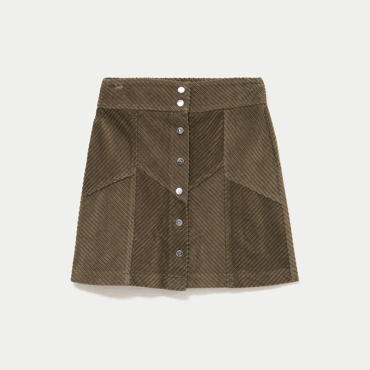 Jupe courte trapèze en velours vert kaki femme