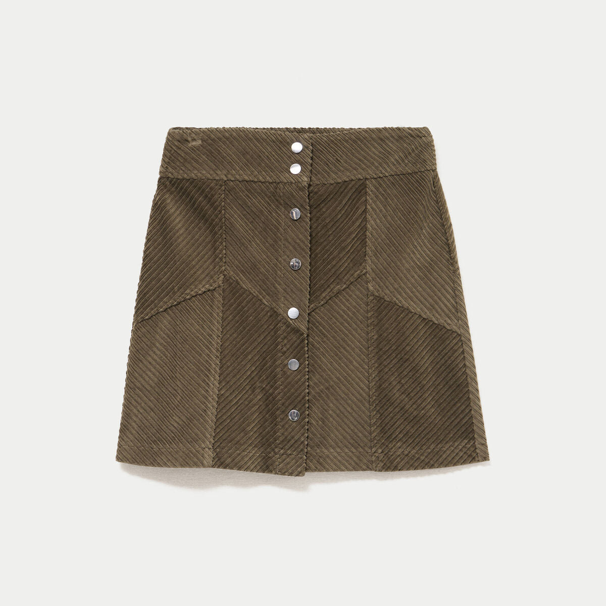 Jupe courte trapèze en velours vert kaki femme