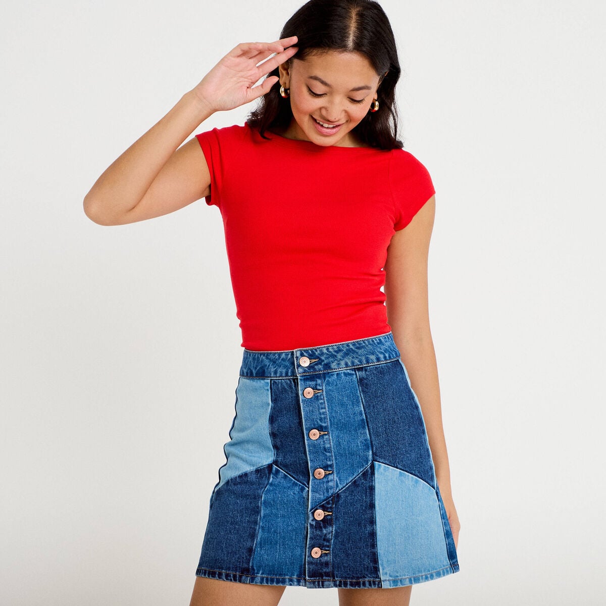 Jupe courte évasée taille haute en jean denim double stone femme