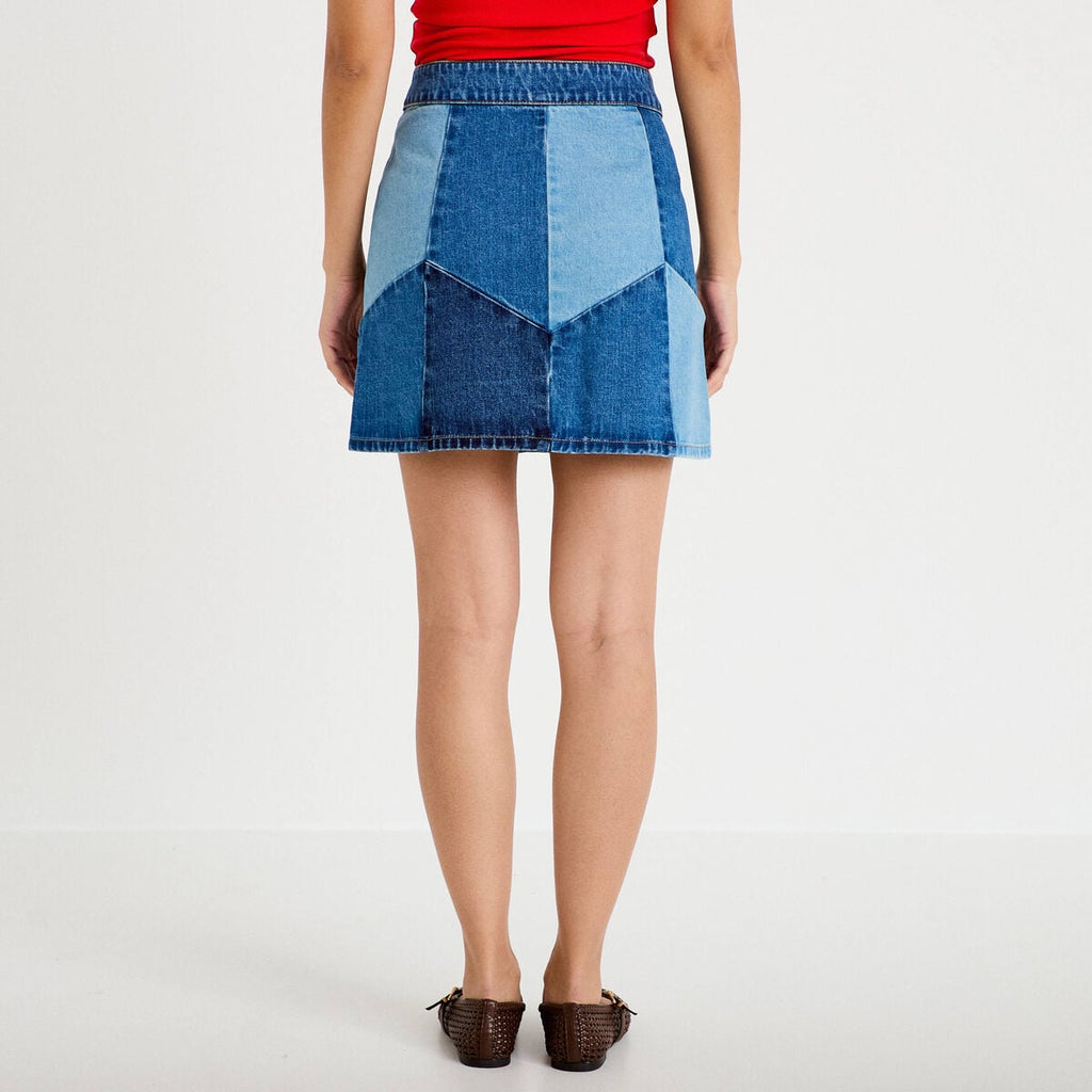 Jupe courte évasée taille haute en jean denim double stone femme