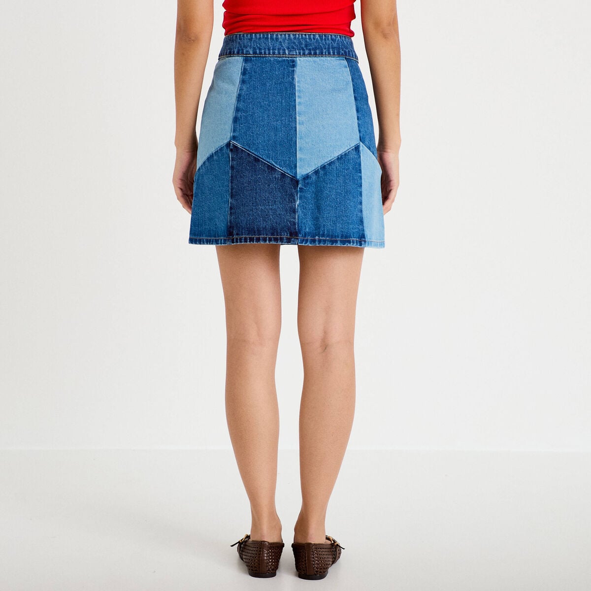 Jupe courte évasée taille haute en jean denim double stone femme