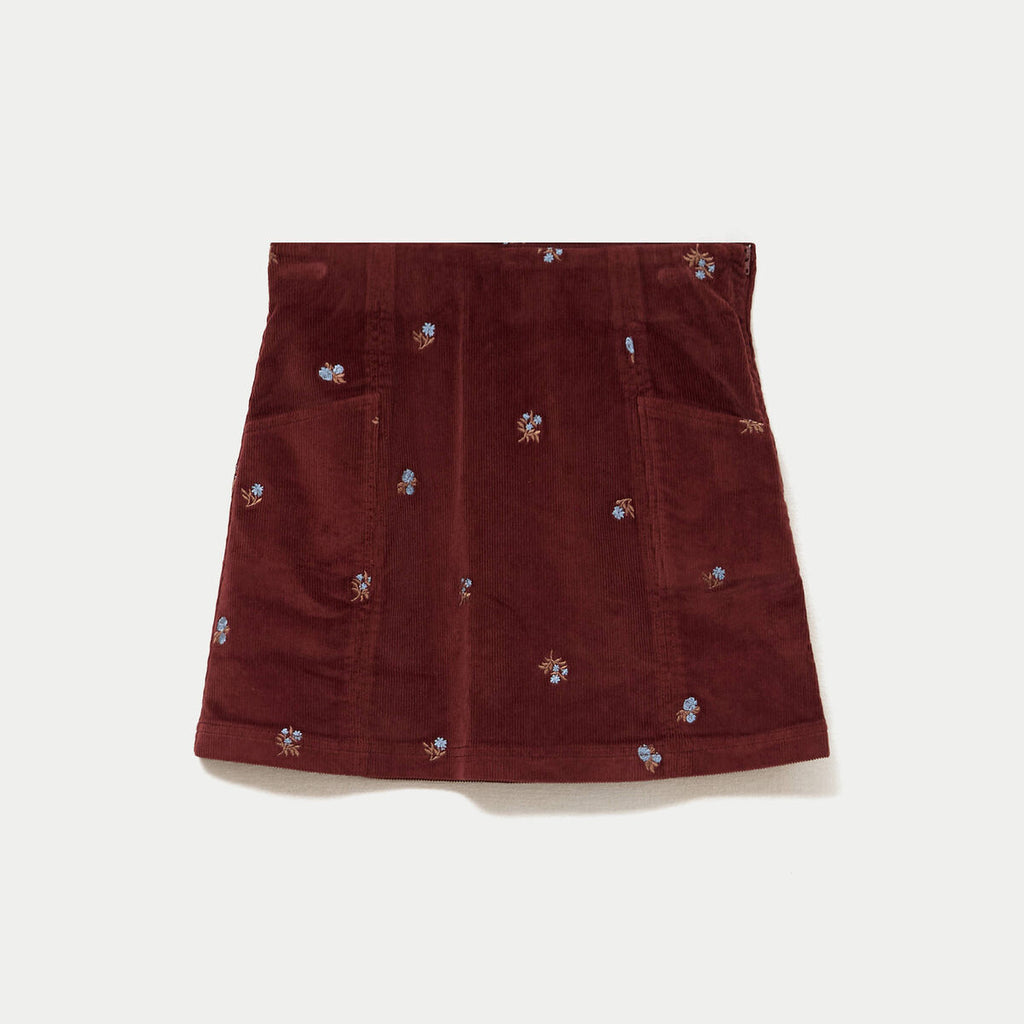 Jupe courte trapèze en velours brodé marron femme