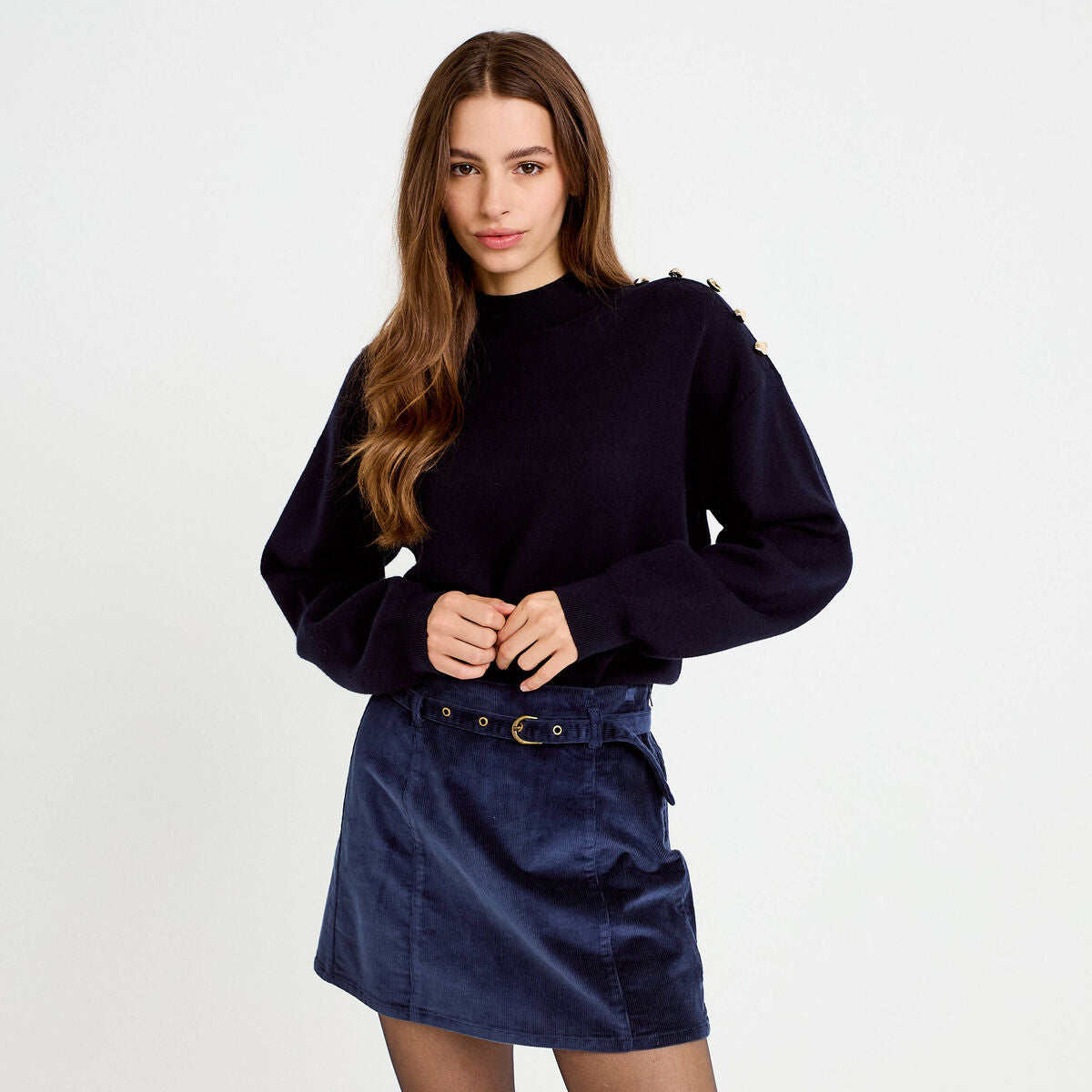Jupe-short évasée velours ceinture bleu marine femme