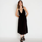 Robe longue droite fines bretelles col v noir femme