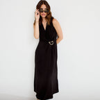 Robe droite 3/4 sans manches col v noir femme