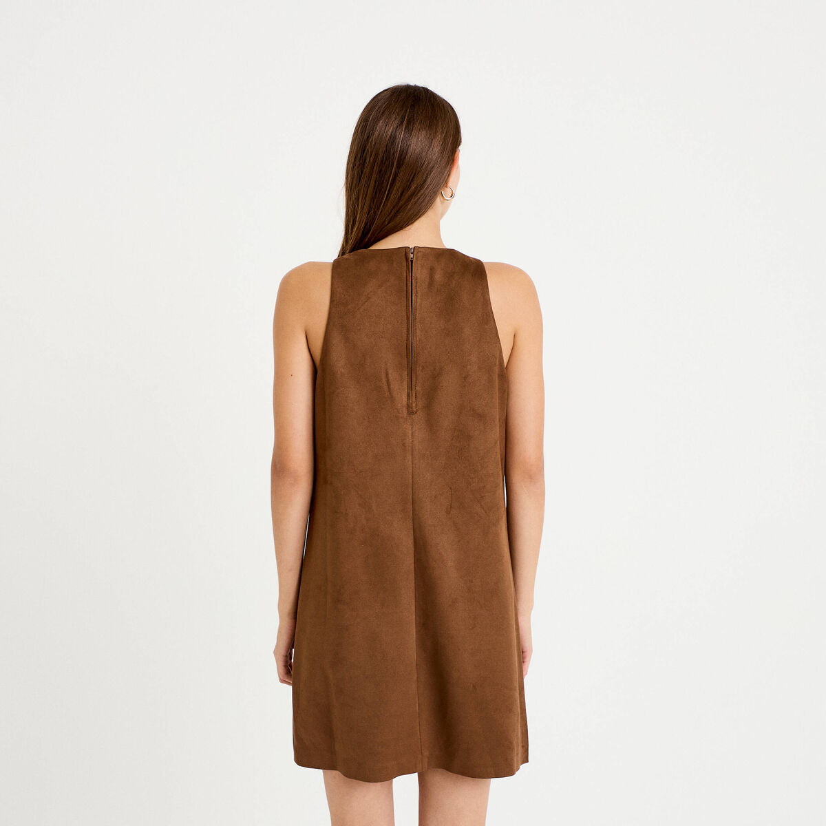 Robe courte évasée sans manches marron femme