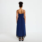 Robe longue évasée col v dentelle bleu marine femme