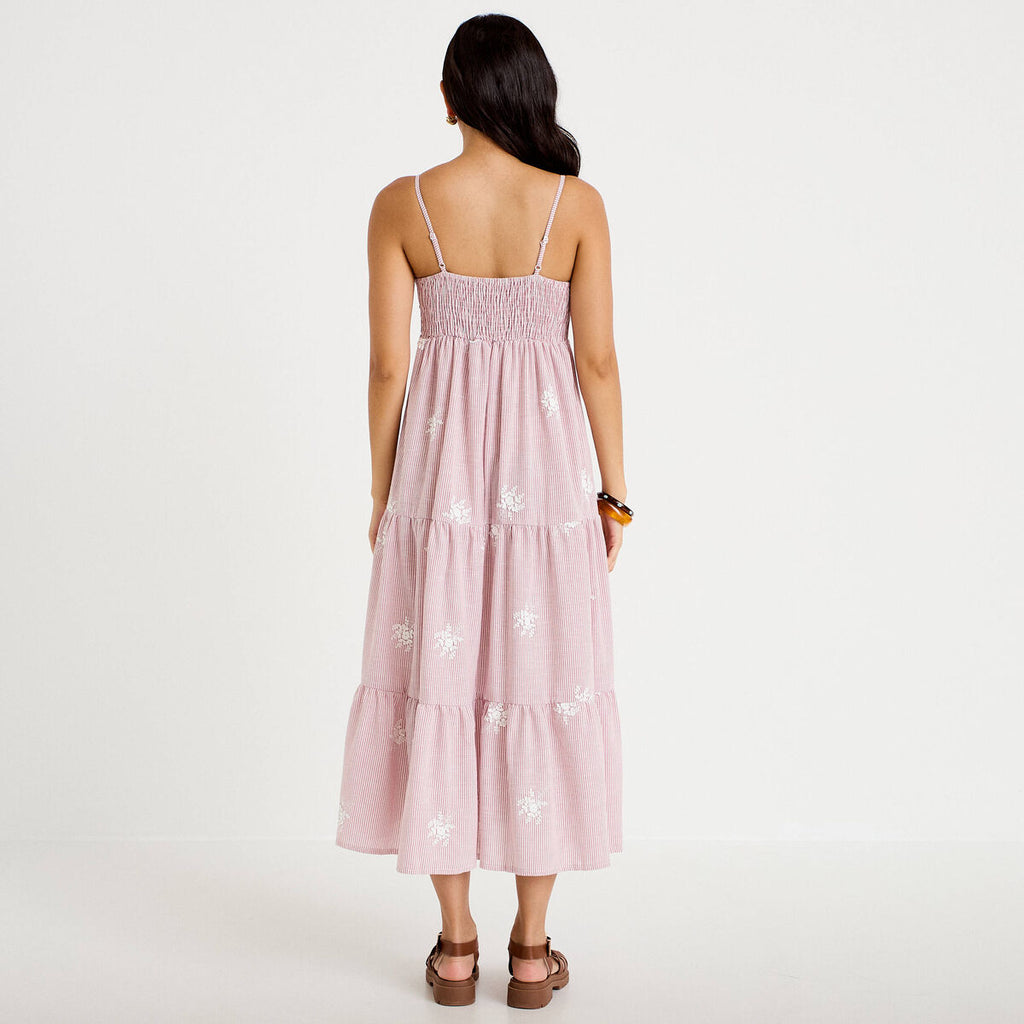 Robe longue évasée à fines bretelles rouge femme