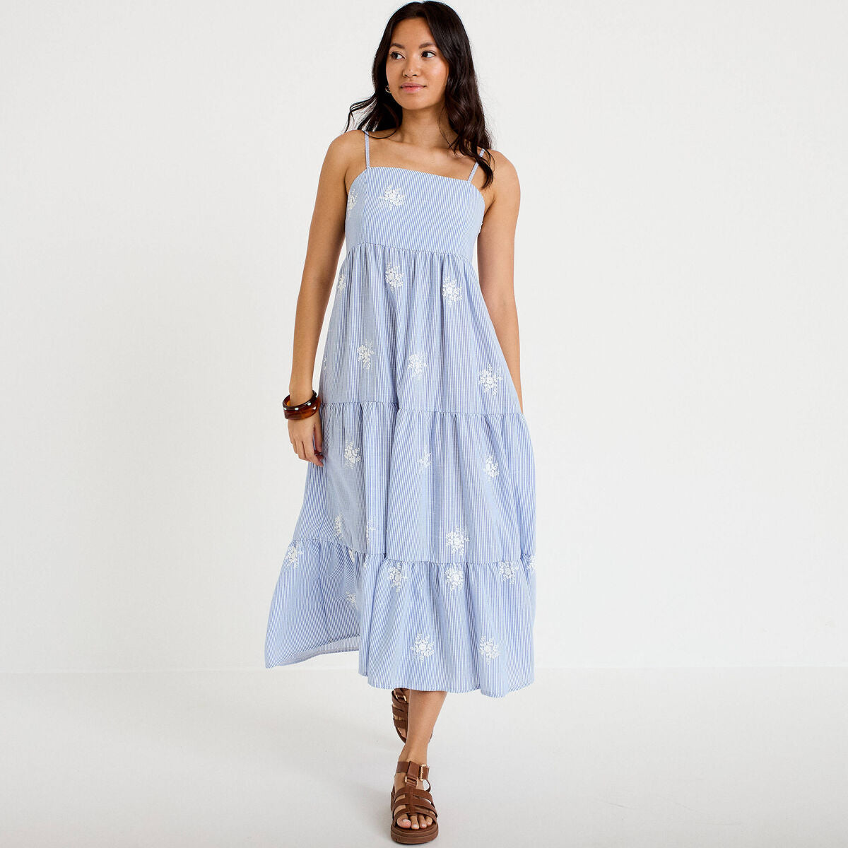 Robe longue évasée à fines bretelles blanc femme
