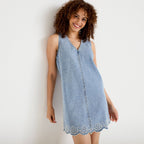 Robe courte évasée en jean sans manches denim bleach femme