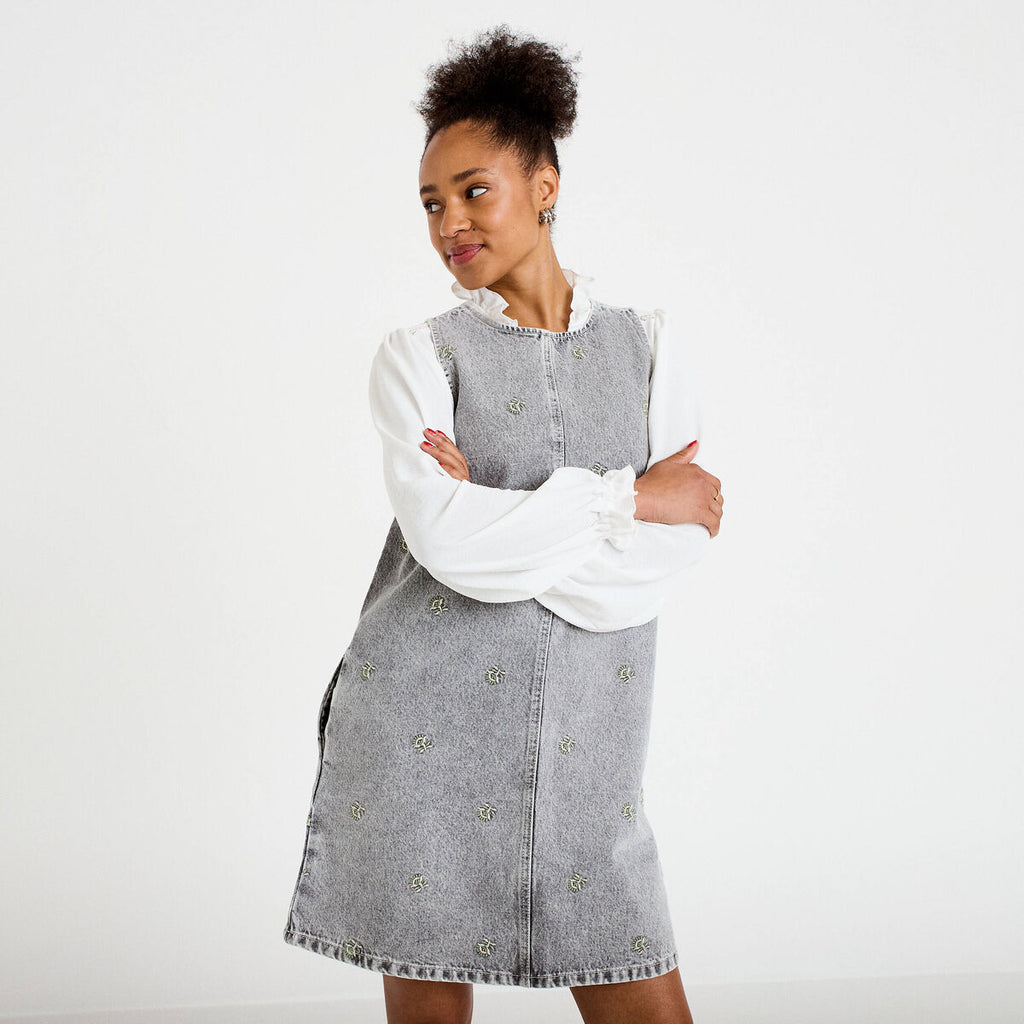 Robe courte évasée en jean sans manches denim gris femme