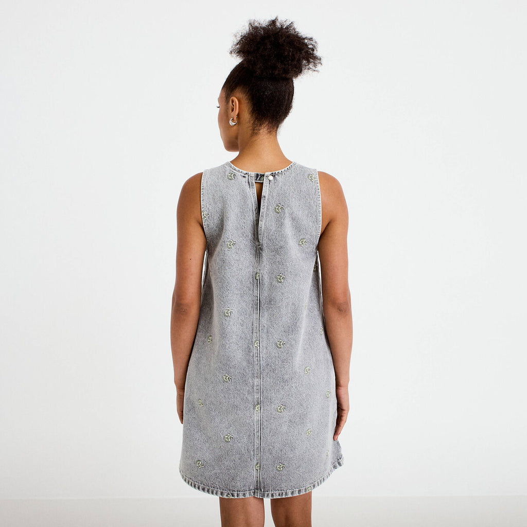 Robe courte évasée en jean sans manches denim gris femme