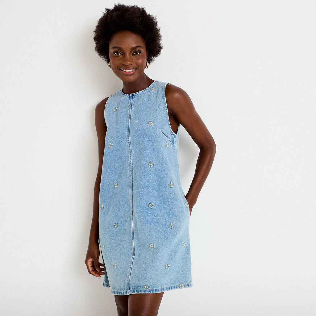 Robe courte évasée en jean sans manches bleu femme