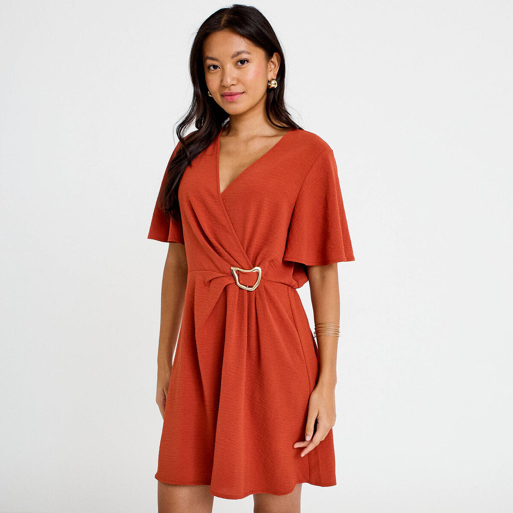 Robe courte évasée col v manches courtes orange foncé femme
